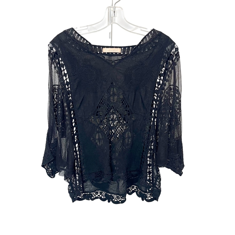 Dromedar Black Cotton Lace Mesh Boho Festival Batwing Sleeve Top Womens S/M